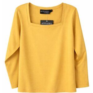 Attitudes  Size 1X By Renee Womens Yellow Square Neck Long Sleeve Top